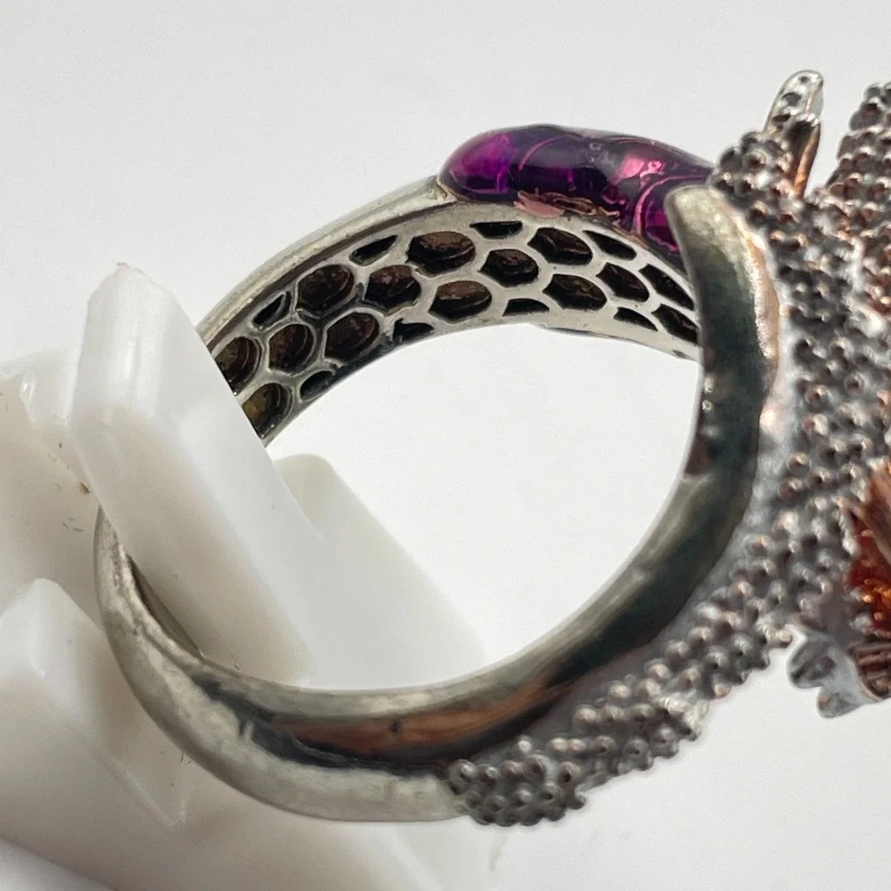 Vintage Silver Tone Textured Dragon Ring Purple Enamel Ruby Red Rhinestone Eyes